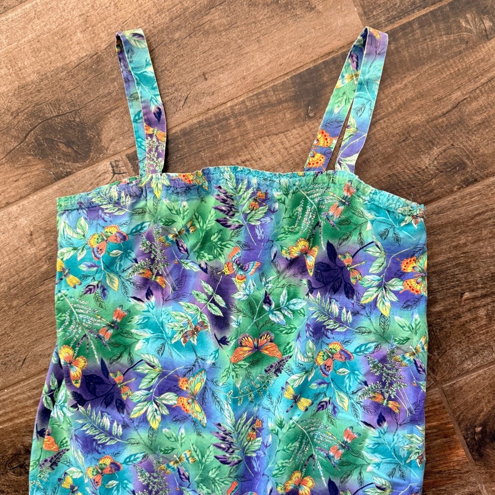 Vintage Whimsy Butterfly Dragonfly Print Drop Waist Sundress, Green Purple,S - Picture 8 of 10